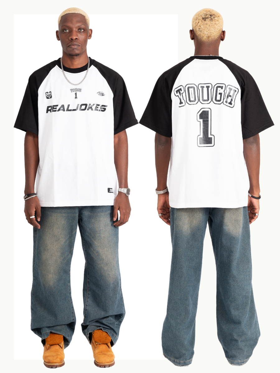 TOUGH1 - WHITE SHIRT (BLACK SLEEVES)